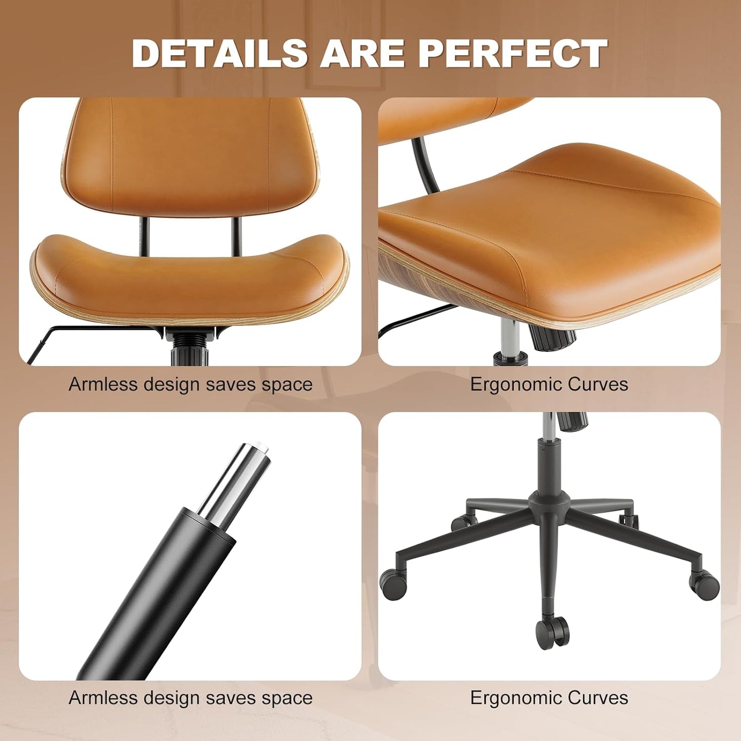 Black PU Leather Office Chair Armless Swivel Desk Chair with Walnut Back and Wheels