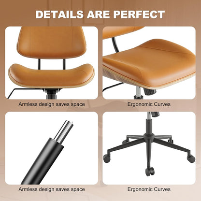 Black PU Leather Office Chair Armless Swivel Desk Chair with Walnut Back and Wheels