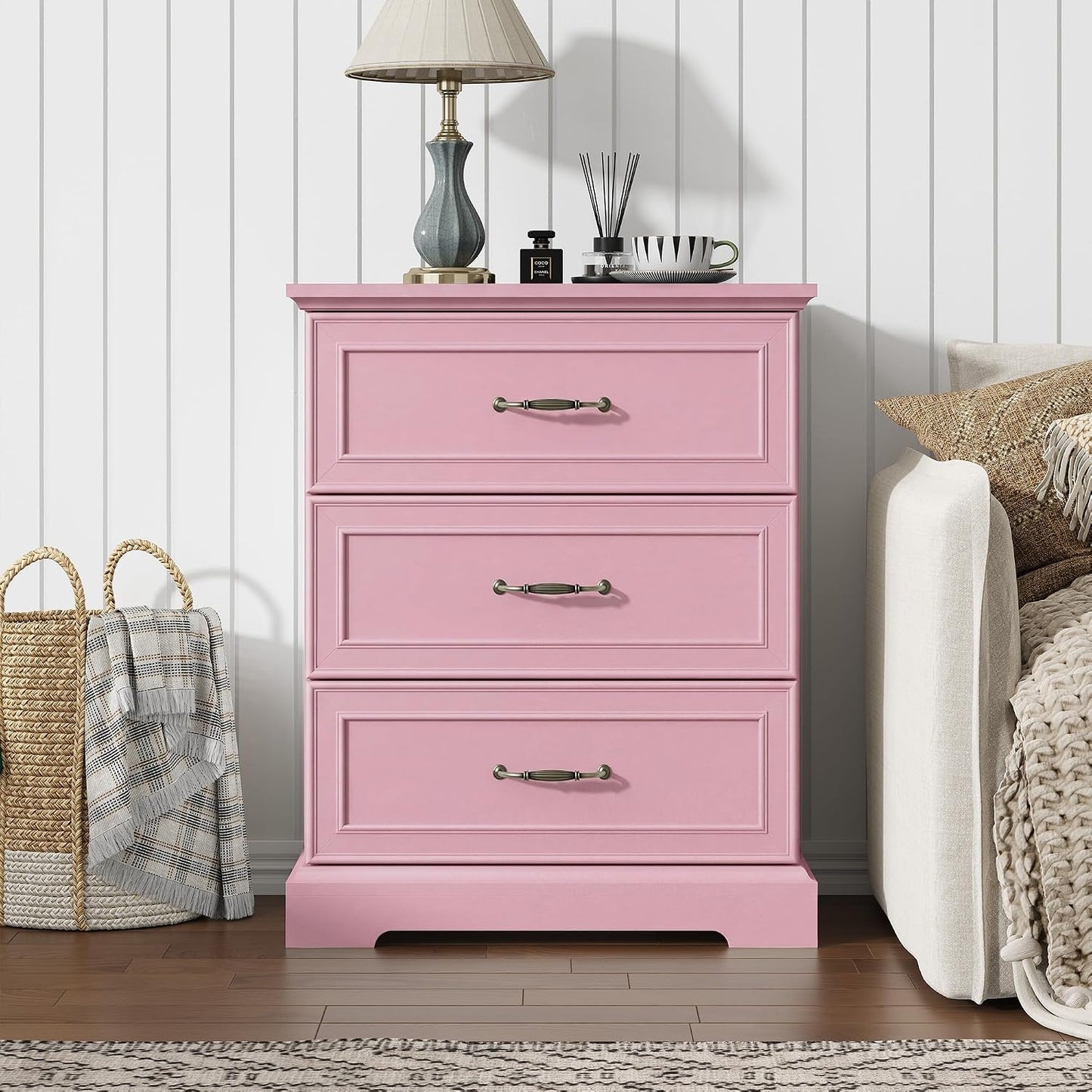 White Farmhouse Nightstand with 3 Drawers Wide Bedside Storage Table