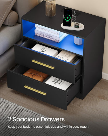 Modern Misty Gray Nightstand with LED Lights & Charging Station – 2-Drawer Bedside Table