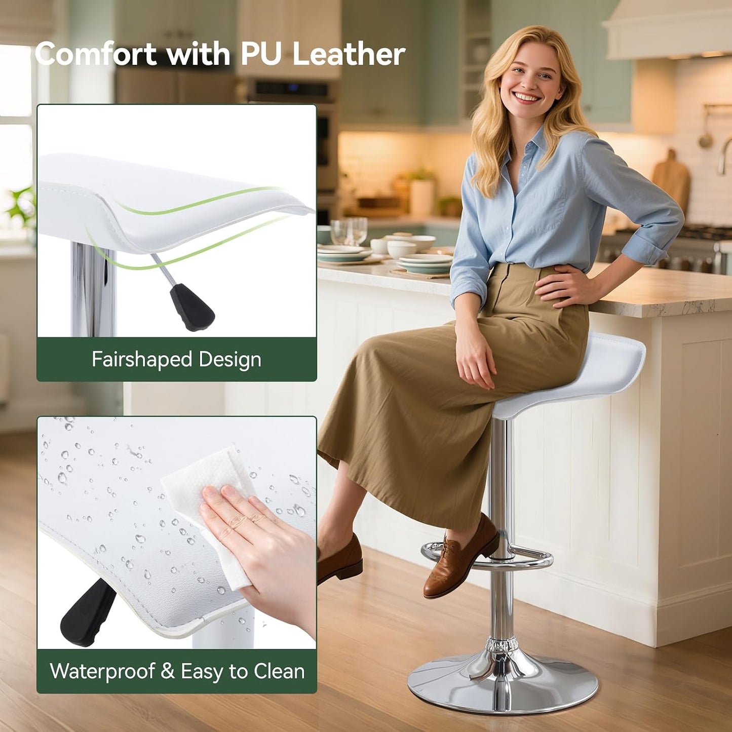 Black Adjustable Bar Stools Set of 2 Modern Swivel Backless Counter Chairs