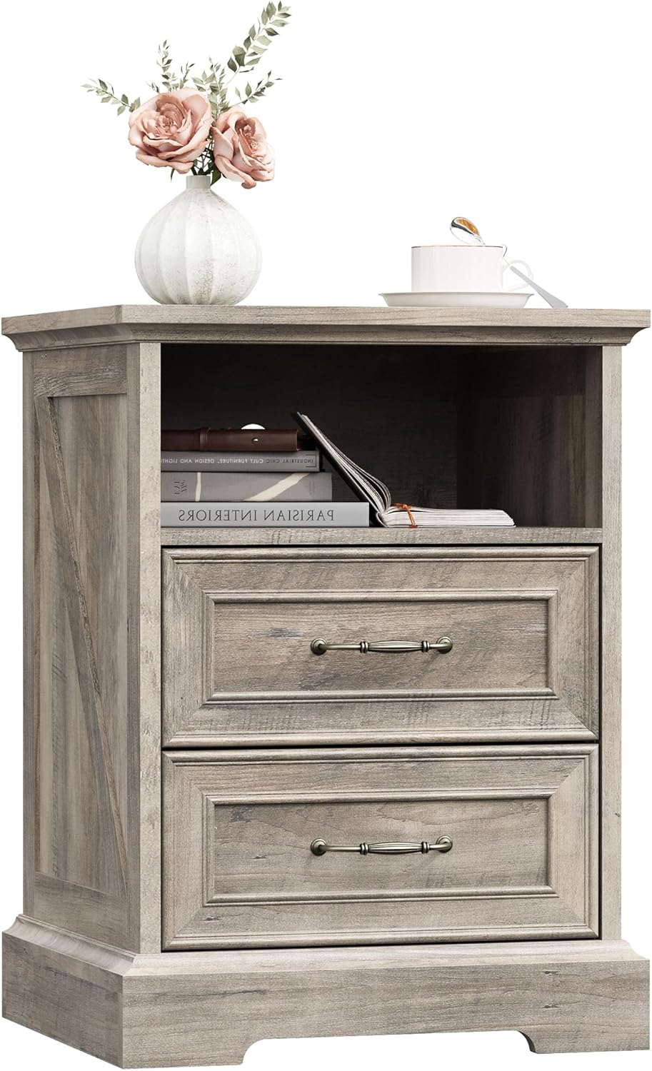 Farmhouse Nightstand with Charging Station 2 Drawers Off White Bedside Table