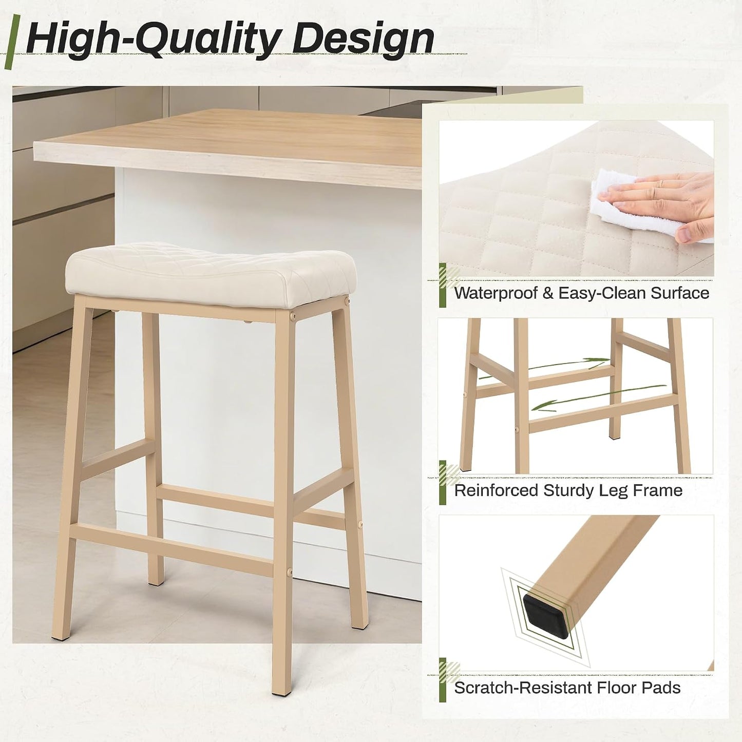 24 Inch Counter Height Bar Stools Set of 3 Brown Saddle Seats Black Metal Frame
