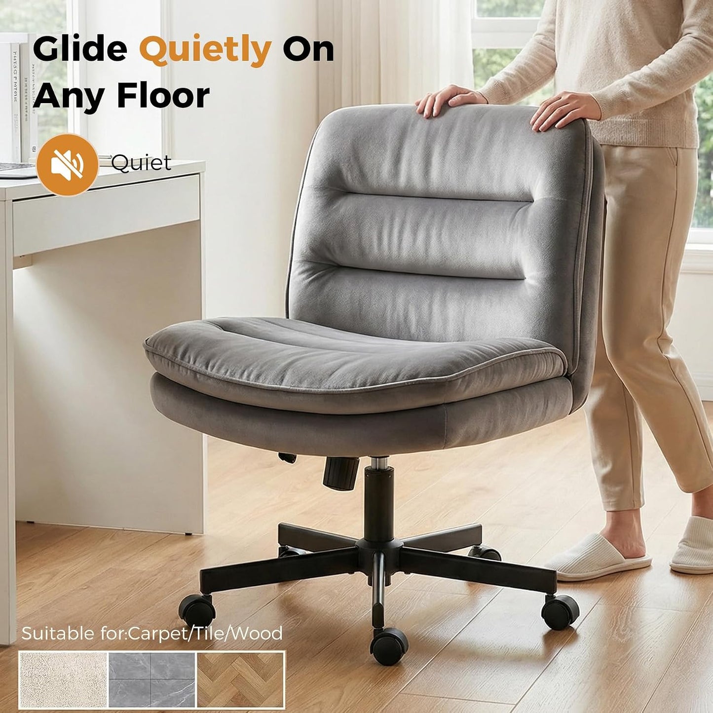 Beige Criss Cross Office Chair Wide Seat Swivel Rolling Vanity Desk Chair