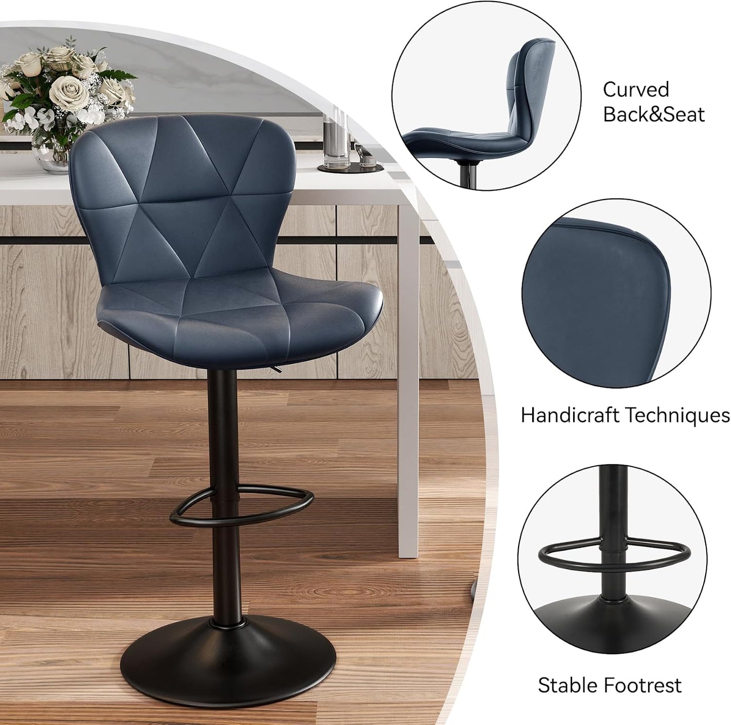 Black Swivel Bar Stools Set of 2 Adjustable Faux Leather Kitchen Chairs