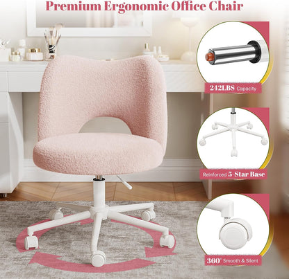 White Teddy Vanity Chair Armless Adjustable Swivel Desk Chair with Wheels
