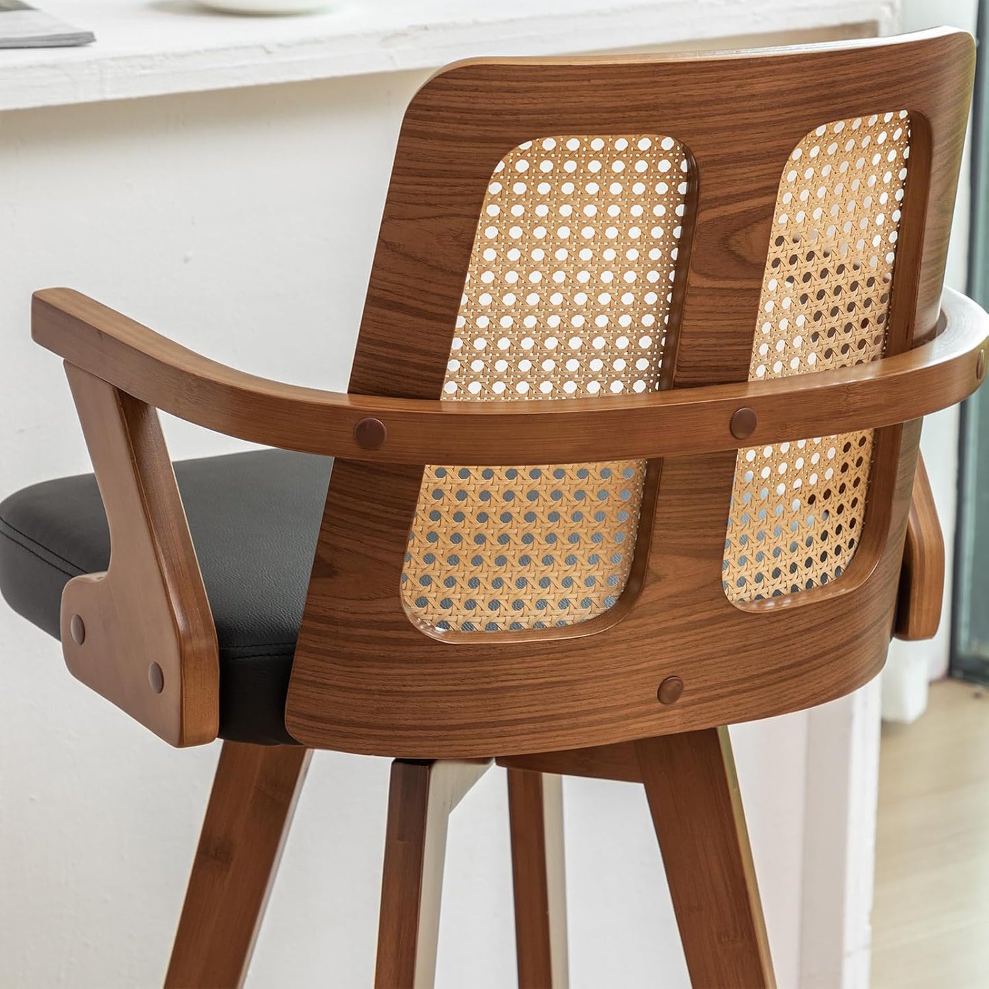 Walnut Rattan Swivel Bar Stools with Arms Beige Upholstered Seat Set of 2