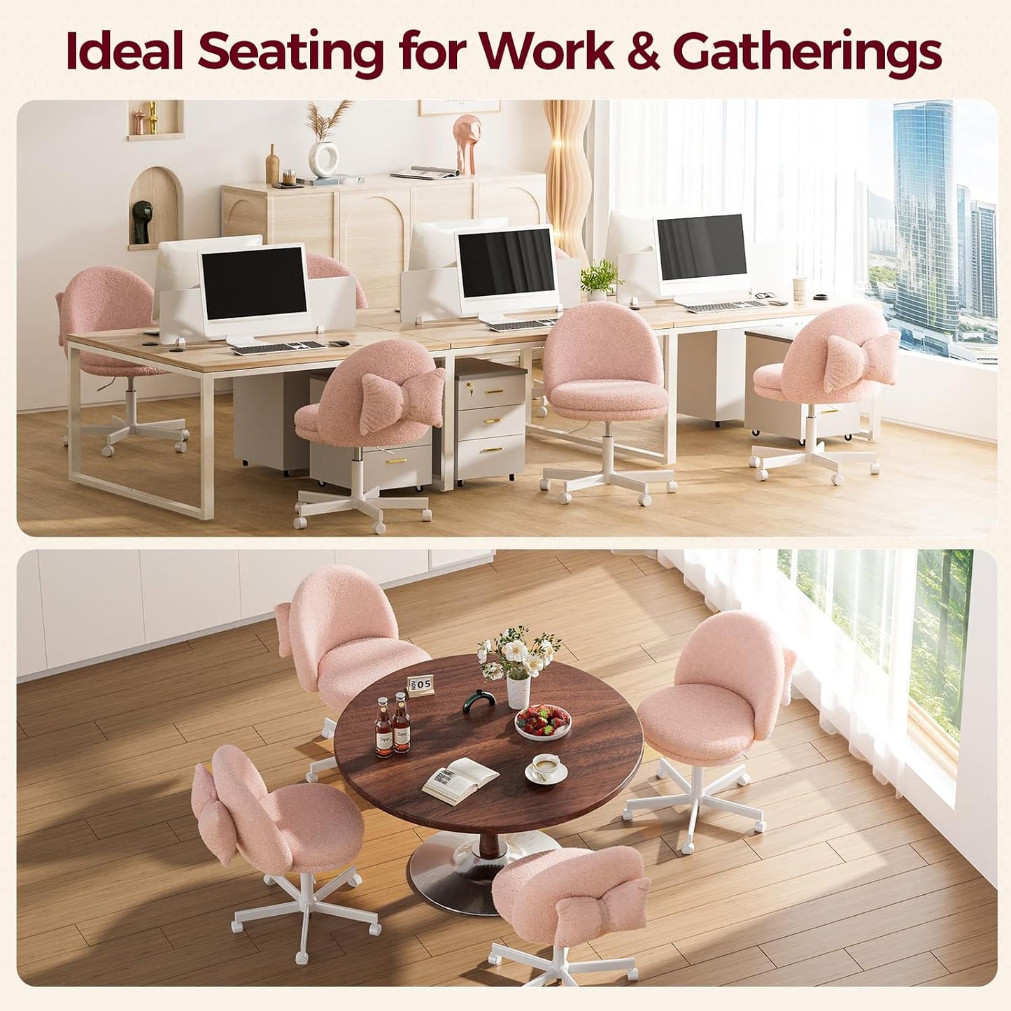 Pink Velvet Vanity Chair Adjustable Swivel Rolling Desk Chair with Lumbar Pillow