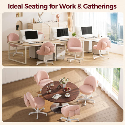 Pink Velvet Vanity Chair Adjustable Swivel Rolling Desk Chair with Lumbar Pillow
