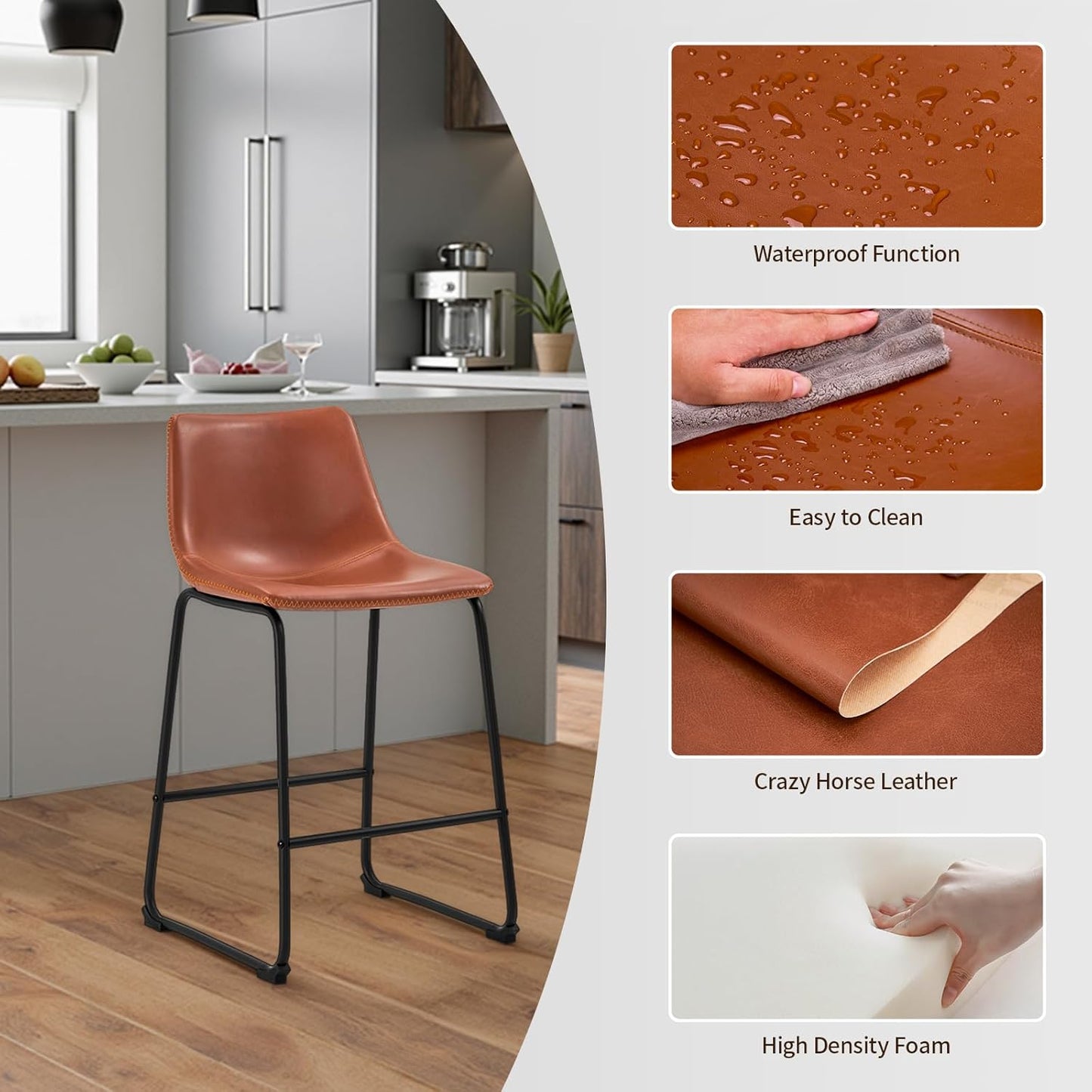 Brown Counter Height Bar Stools Set of 2 Upholstered Kitchen Chairs
