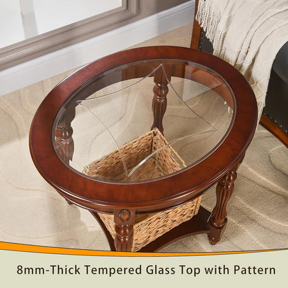 Solid Wood Oval End Table with Drawer and Lower Storage Shelf