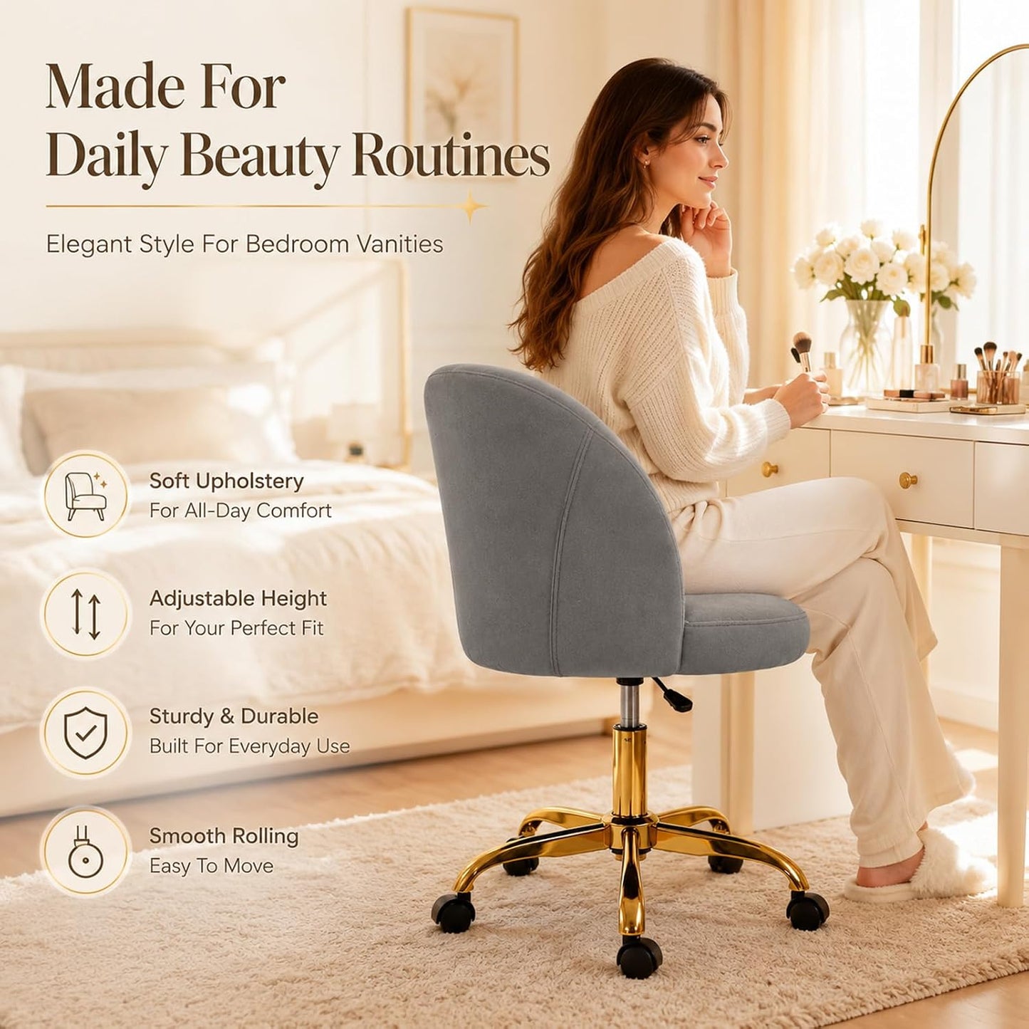 Black Velvet Vanity Chair Gold Base Adjustable Swivel Rolling Desk Chair