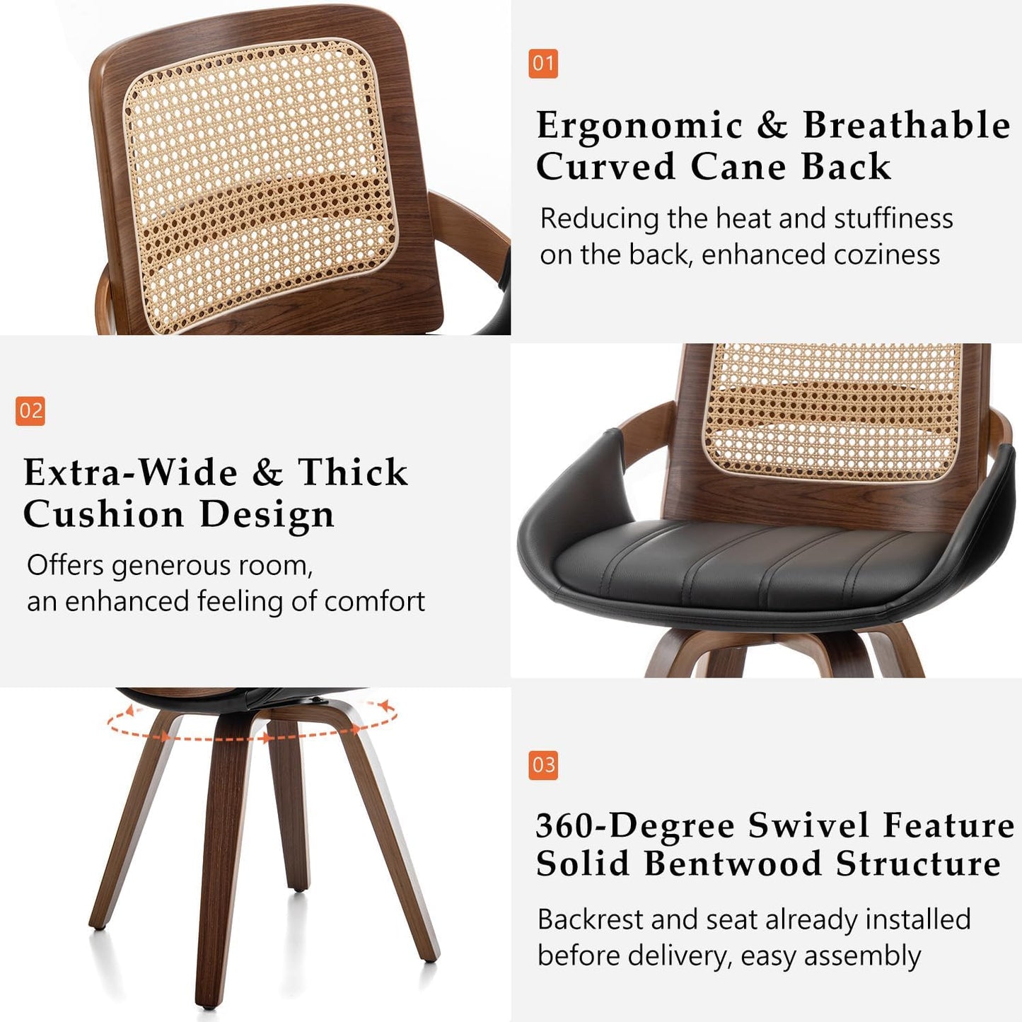 Walnut Cane Swivel Dining Chairs with Arms Black Faux Leather Set of 2
