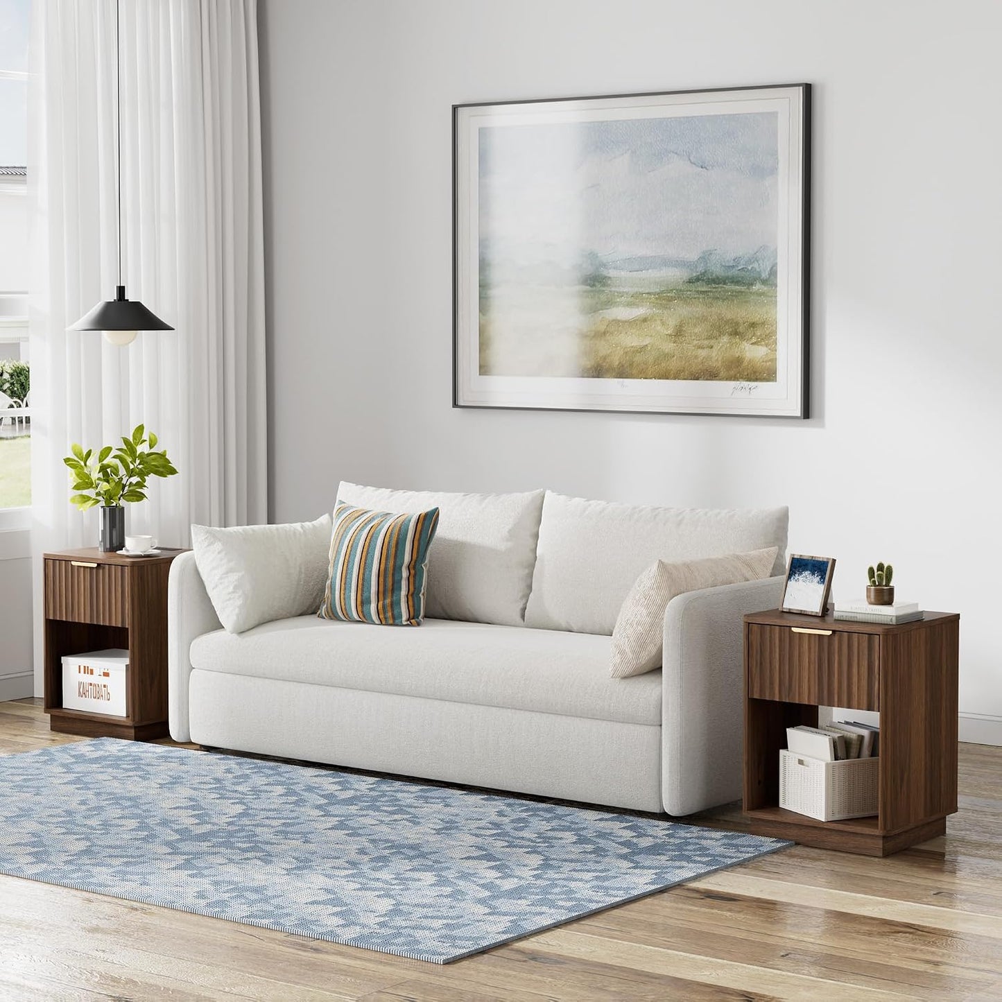 Modern Fluted Nightstand with Charging Station – Natural Oak Bedside Table