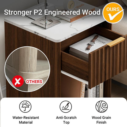 23" Modern Fluted Nightstand with Charging Station – Natural Oak Bedside Table