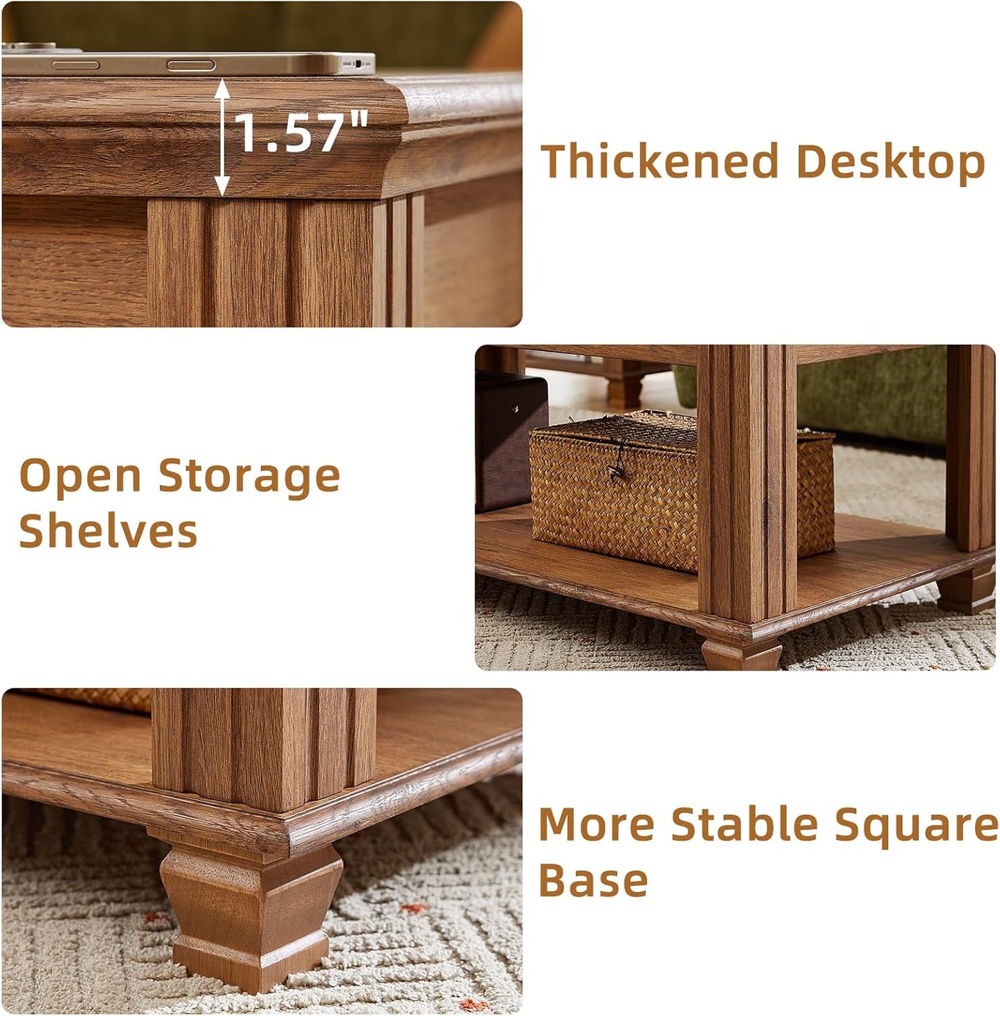 Farmhouse Walnut Coffee Table with Open Storage Shelf Rustic Wood Center Table
