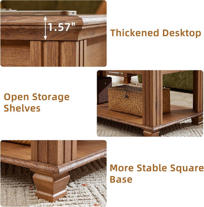 Farmhouse Walnut Coffee Table with Open Storage Shelf Rustic Wood Center Table