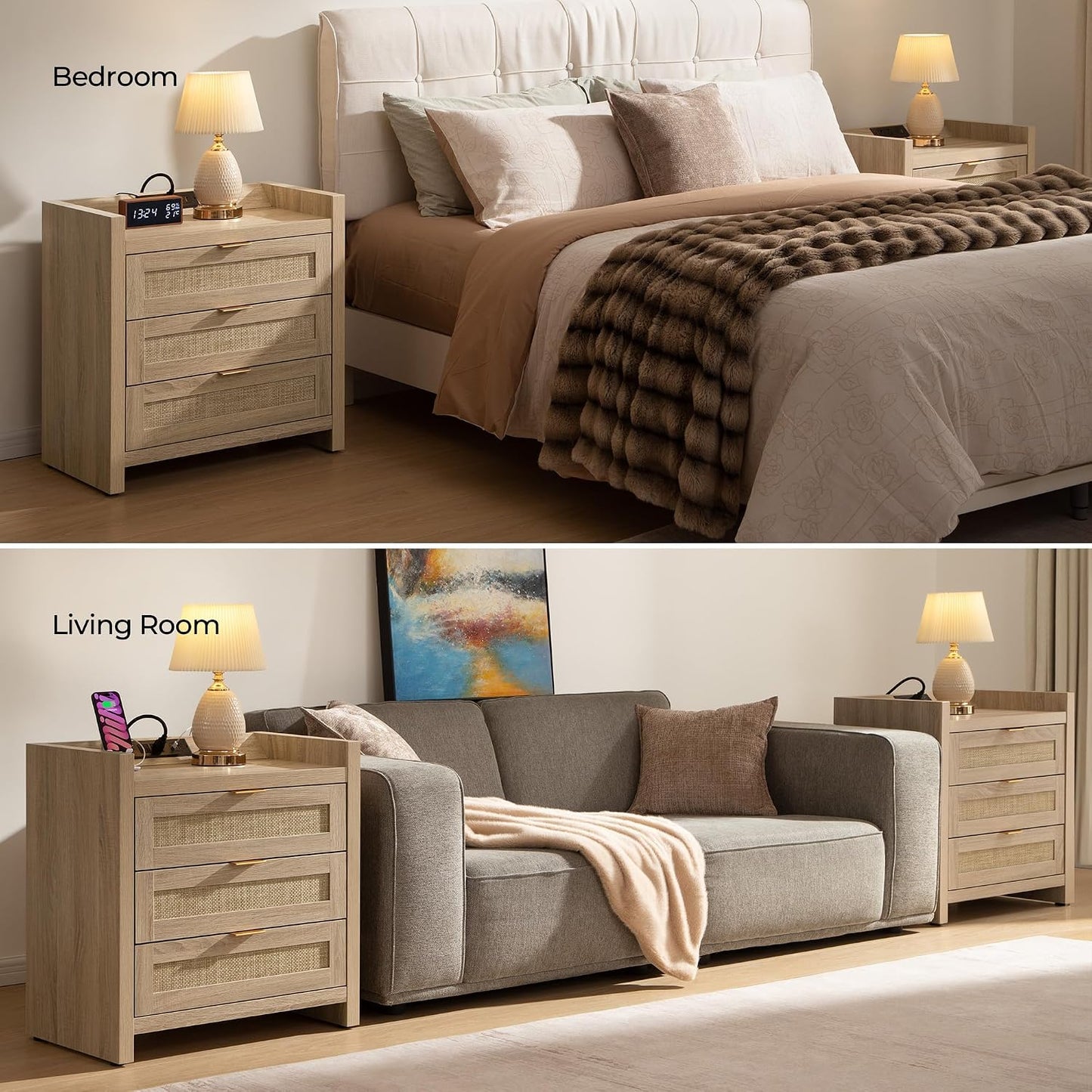 Rattan Nightstand with 3 Drawers Charging Station Farmhouse Bedside Table