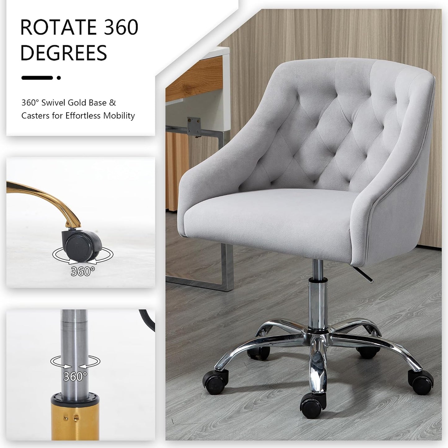 Ivory Velvet Office Chair Tufted Adjustable Swivel Vanity Chair with Wheels
