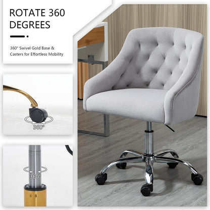 Ivory Velvet Office Chair Tufted Adjustable Swivel Vanity Chair with Wheels