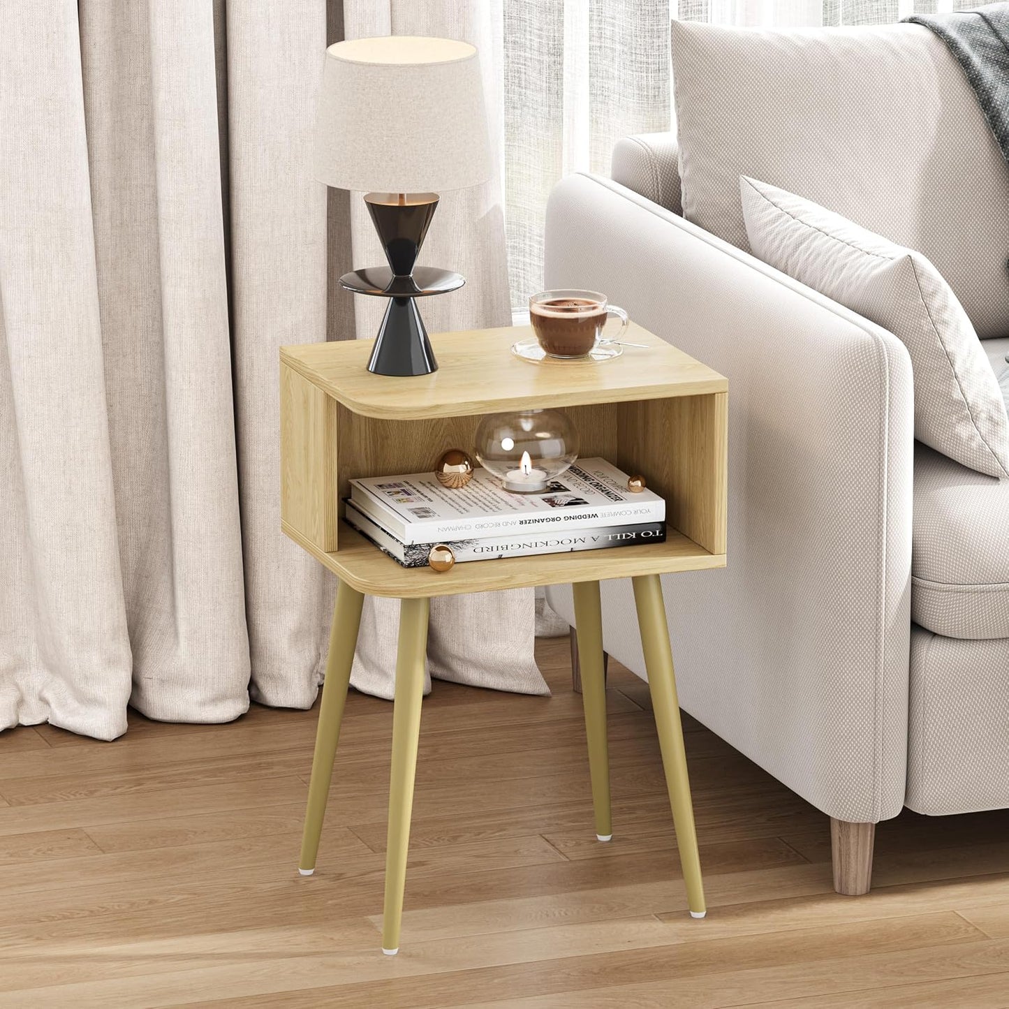 Mid-Century Modern Walnut Brown Nightstand Set of 2 with Open Storage