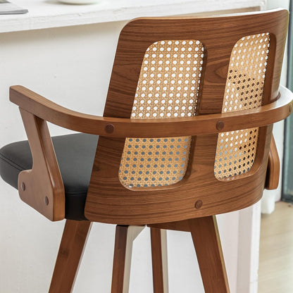 Walnut Rattan Swivel Counter Stool with Arms Green Upholstered Seat