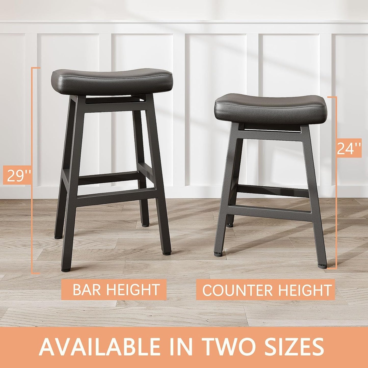 29 Inch Black Bar Height Stools Set of 2 Bonded Leather Saddle Seats