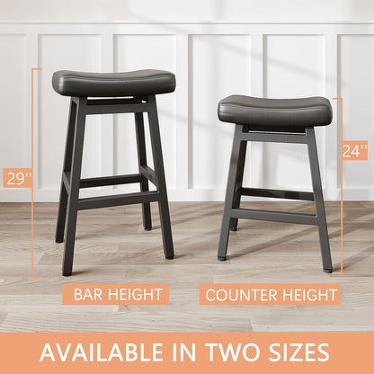 29 Inch Black Bar Height Stools Set of 2 Bonded Leather Saddle Seats