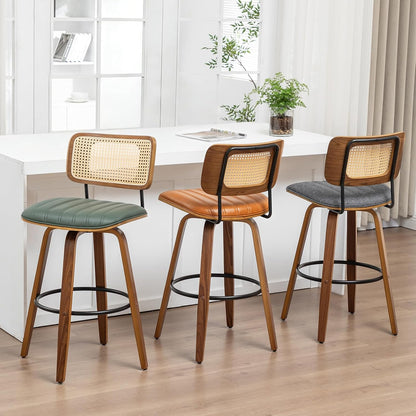 Walnut Rattan Swivel Bar Stool Cane Back Beige Faux Leather 30 Inch