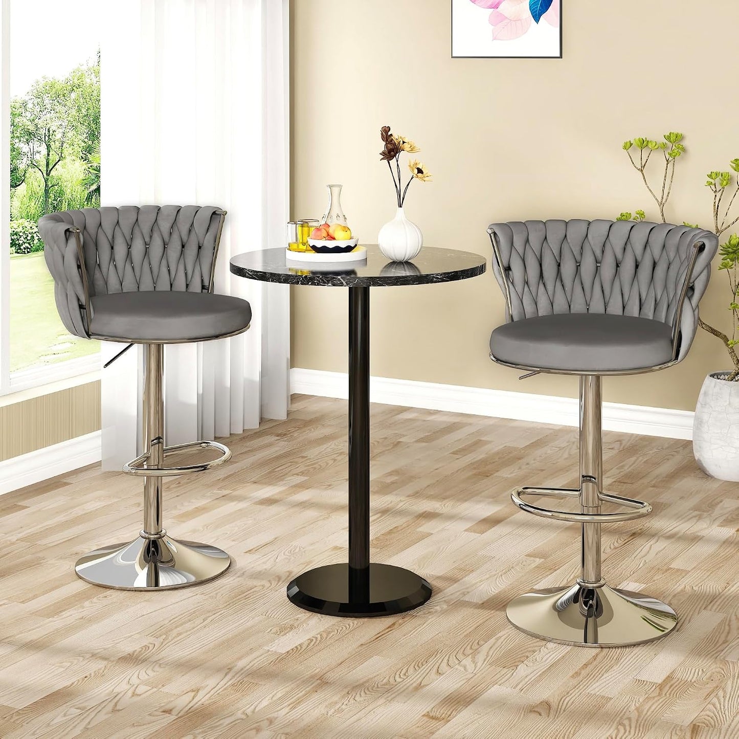 Black Velvet Swivel Bar Stools with Tufted Back Adjustable Height Set of 2