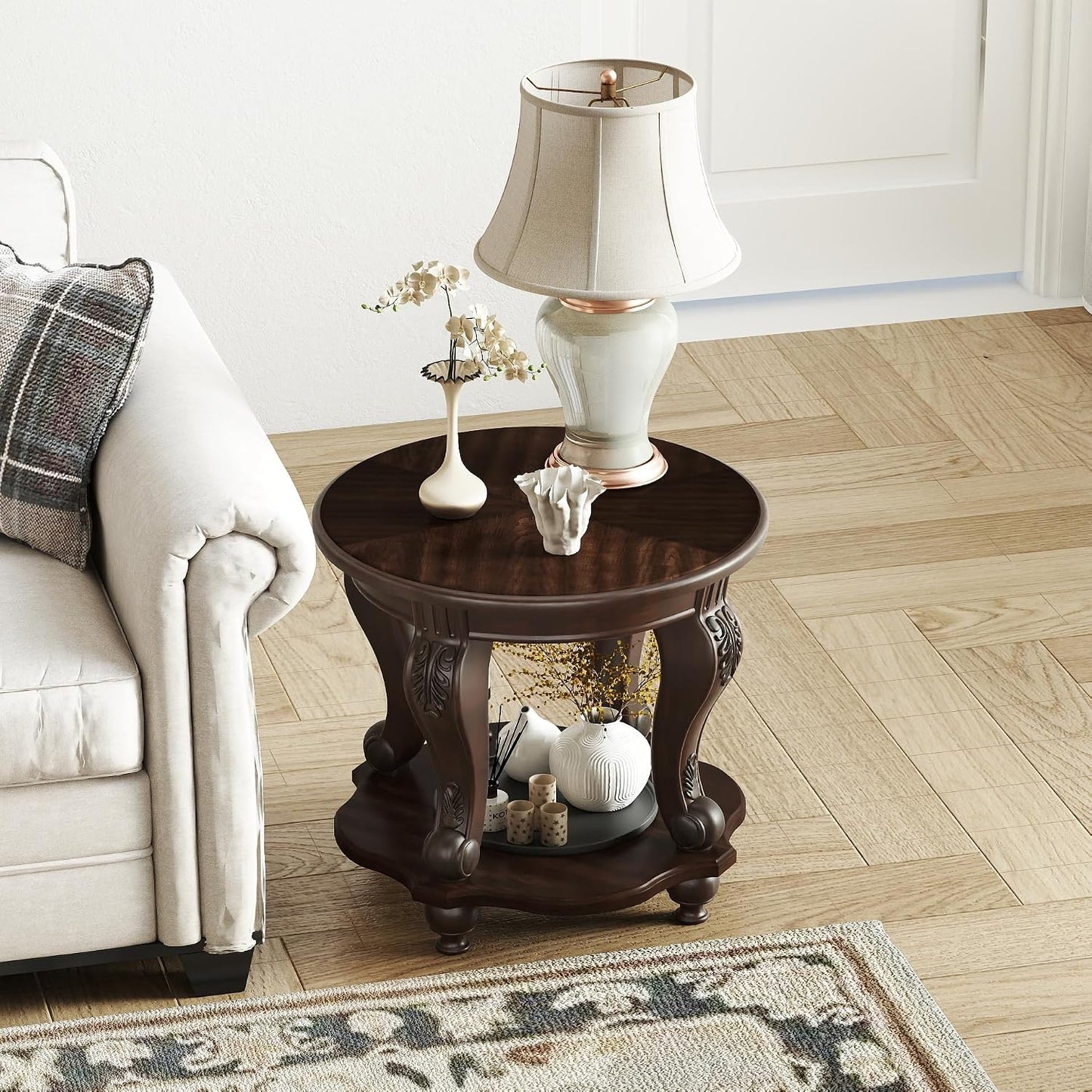 Round End Table Antique Natural Victorian Carved Side Table with Storage Shelf
