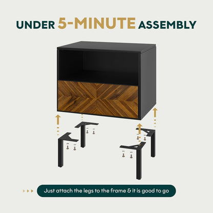 Solid Wood Herringbone Nightstand with Drawer & Open Shelf