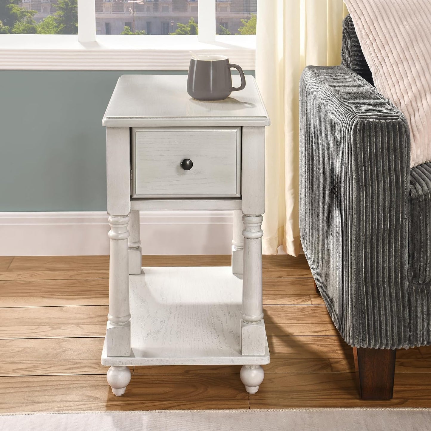 Solid Wood Narrow Nightstand with Drawer Cherry Brown Bedside End Table