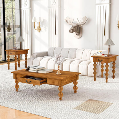 Traditional Walnut Coffee Table with Drawer Rustic Farmhouse Wood Living Room Table