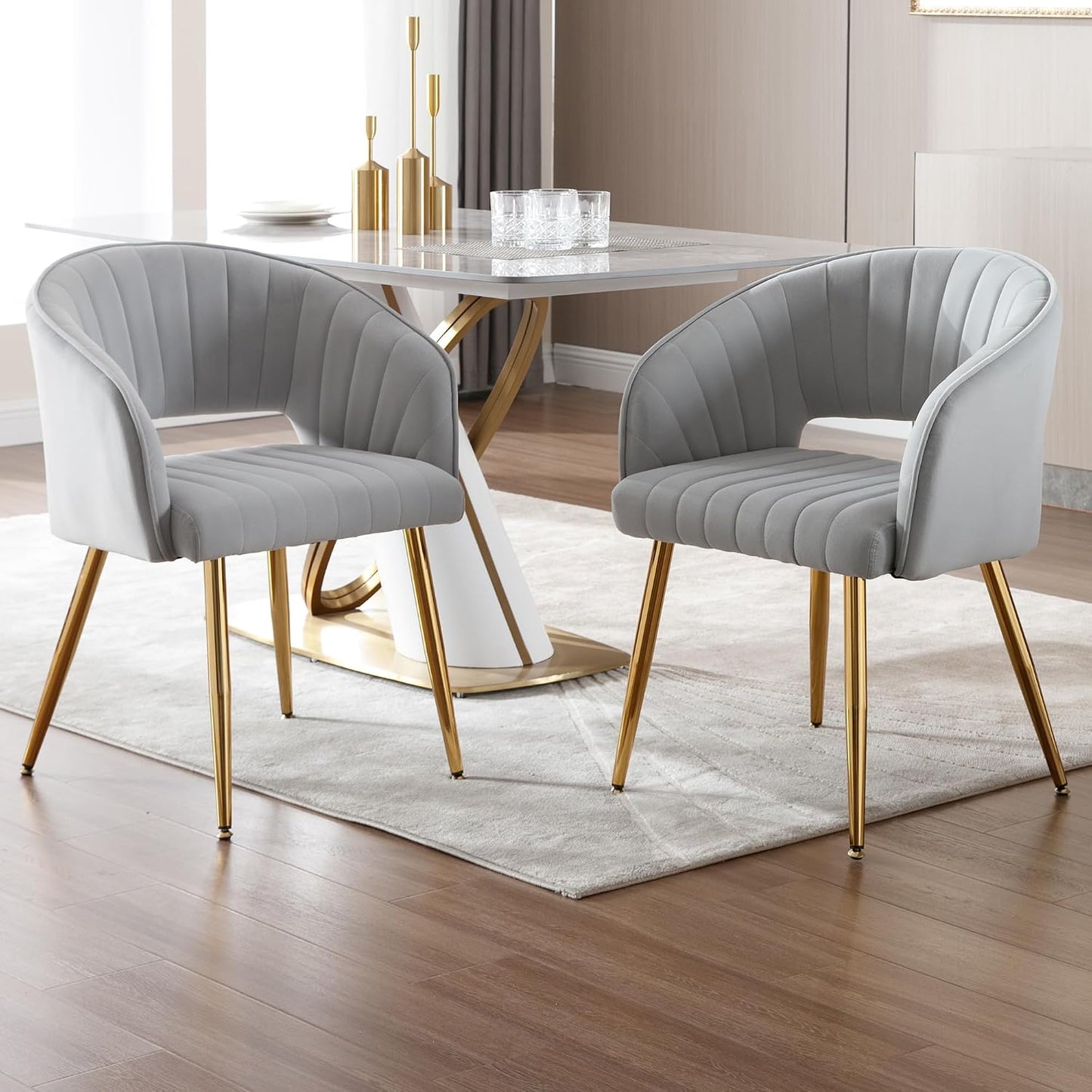 Light Gray Velvet Desk Chair Tufted Vanity Armchair with Gold Metal Legs