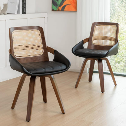 Walnut Cane Swivel Dining Chairs with Arms Black Faux Leather Set of 2
