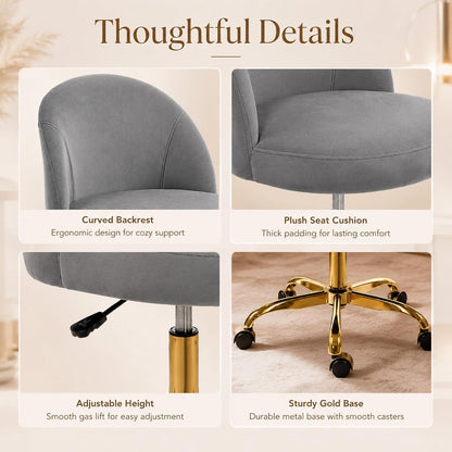 Black Velvet Vanity Chair Gold Base Adjustable Swivel Rolling Desk Chair