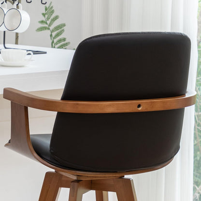 Walnut Swivel Bar Stool with Arms Beige Faux Leather Mid Century Chair