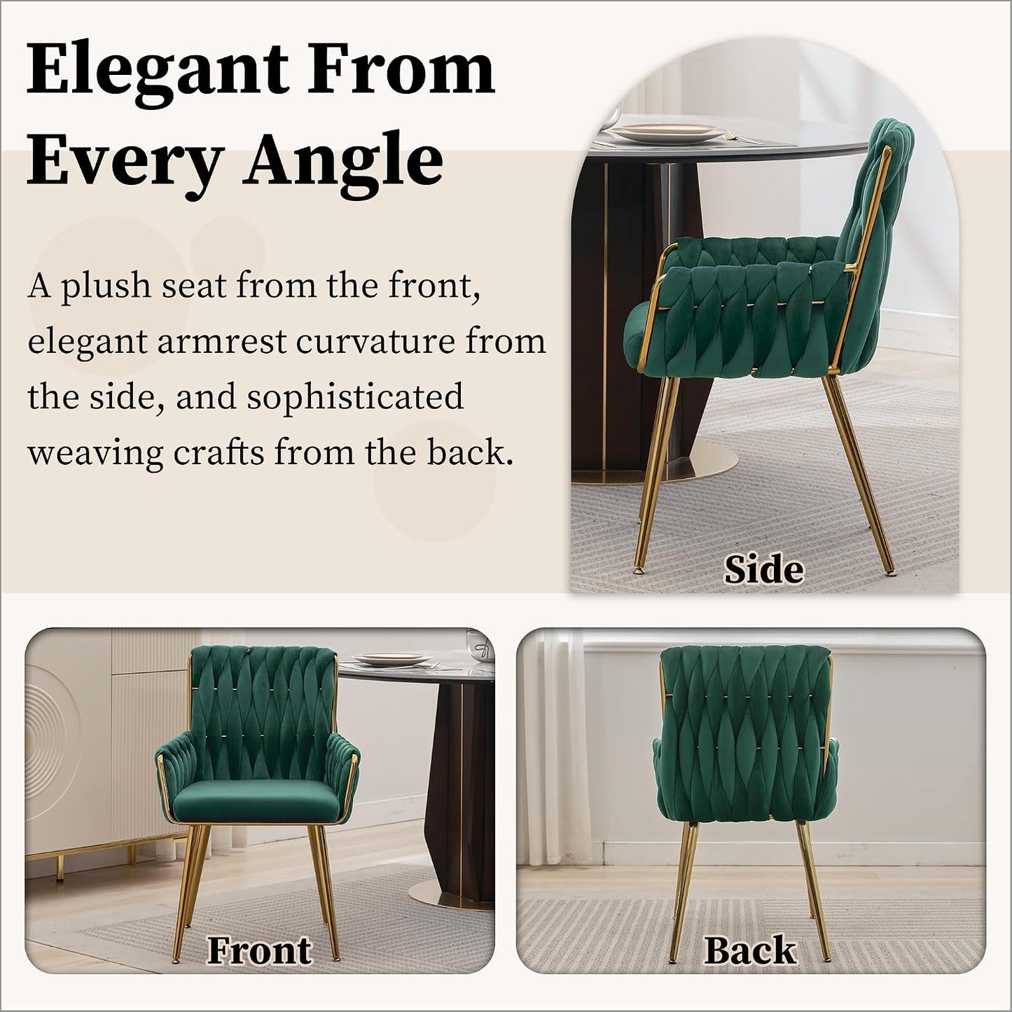 Beige Velvet Accent Chair Hand Woven Upholstered Armchair with Gold Metal Legs