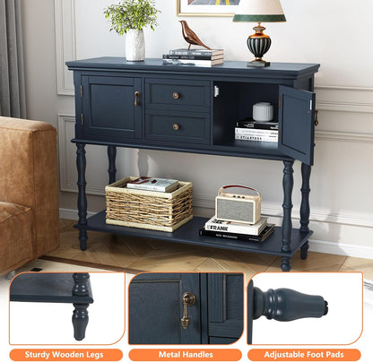 Vintage Green Console Table with 2 Drawers Cabinets and Open Storage Shelf