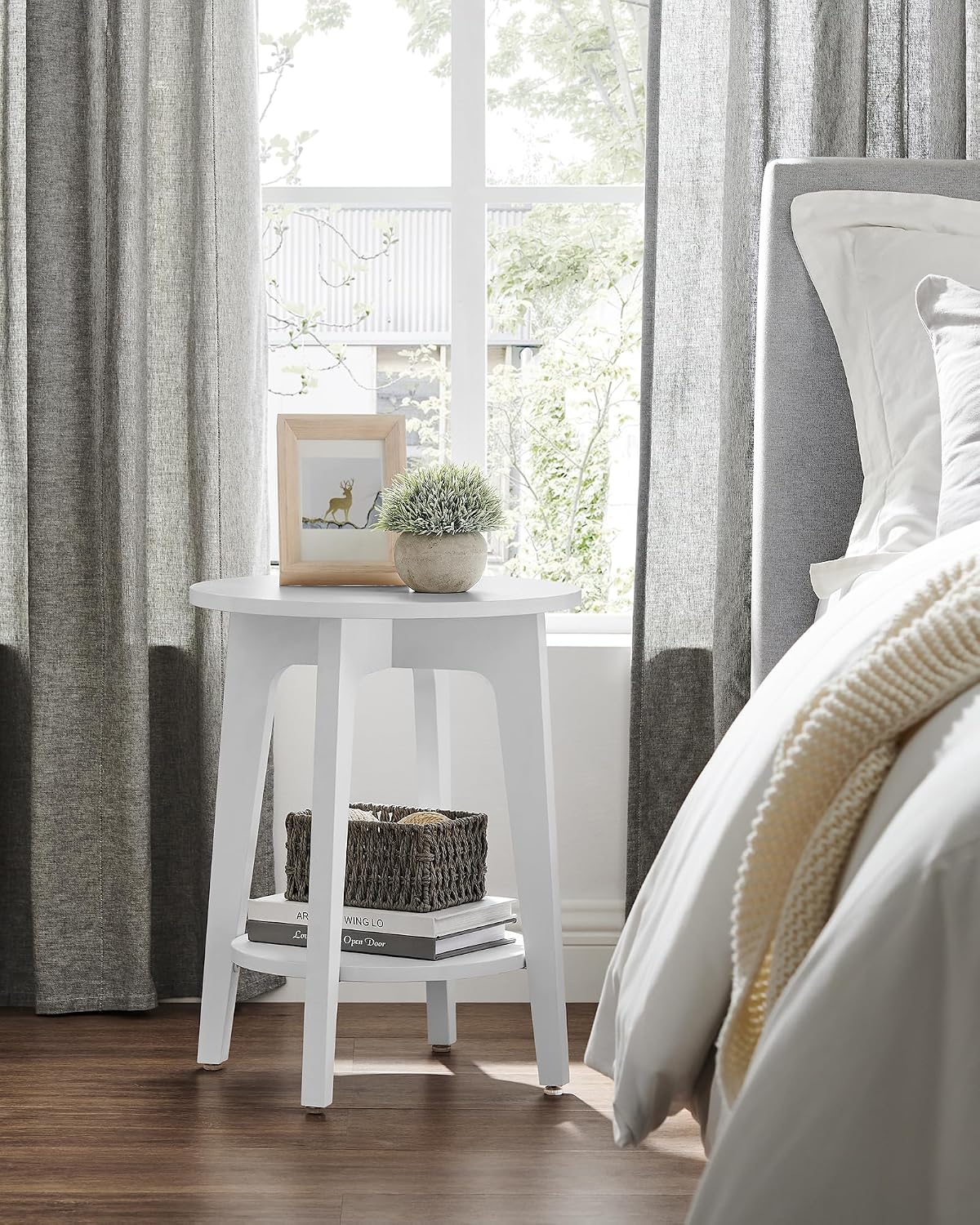 Round Wood Side Table with Lower Shelf Mid Century End Table