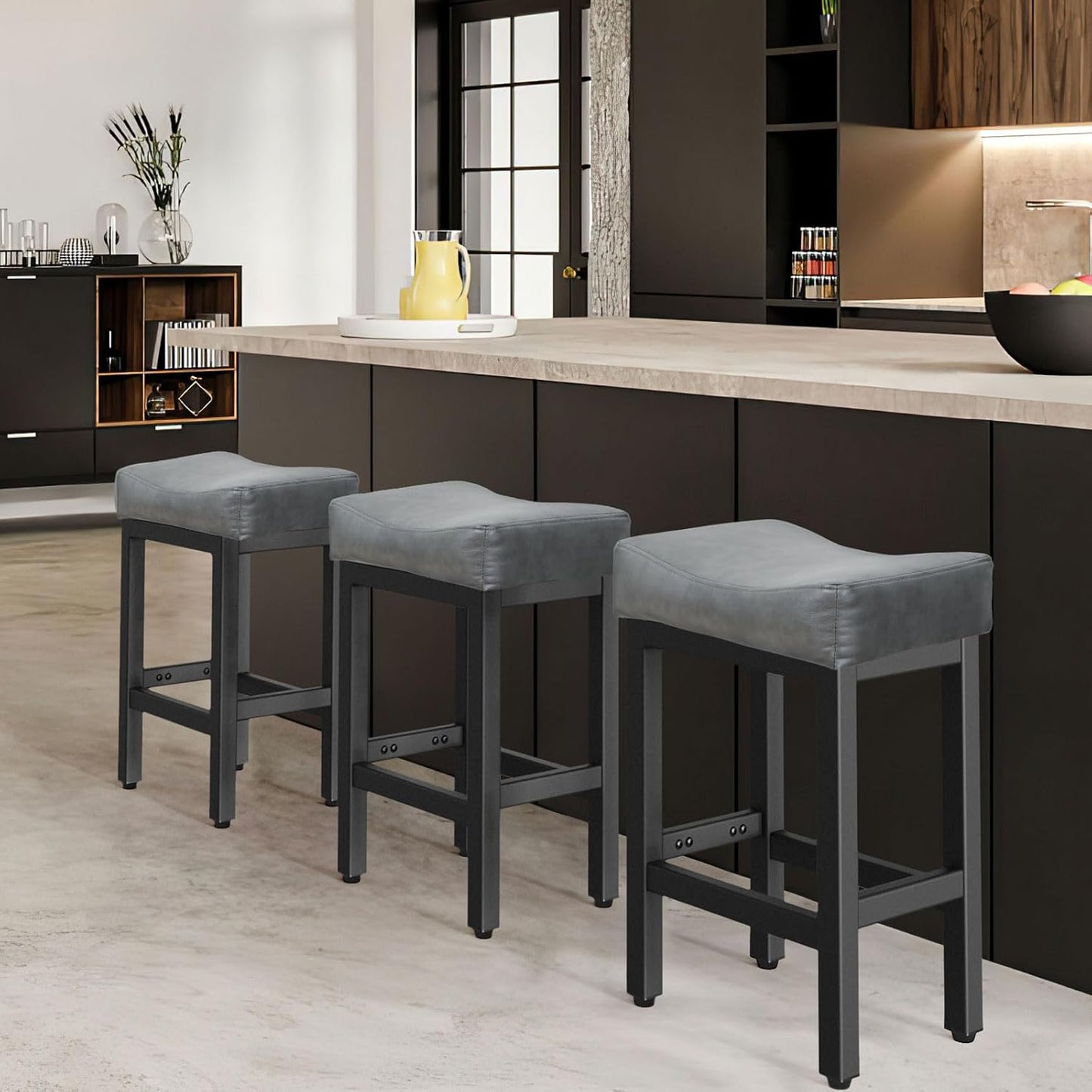 Gray Counter Height Bar Stools Set of 2 Upholstered Saddle Kitchen Seats
