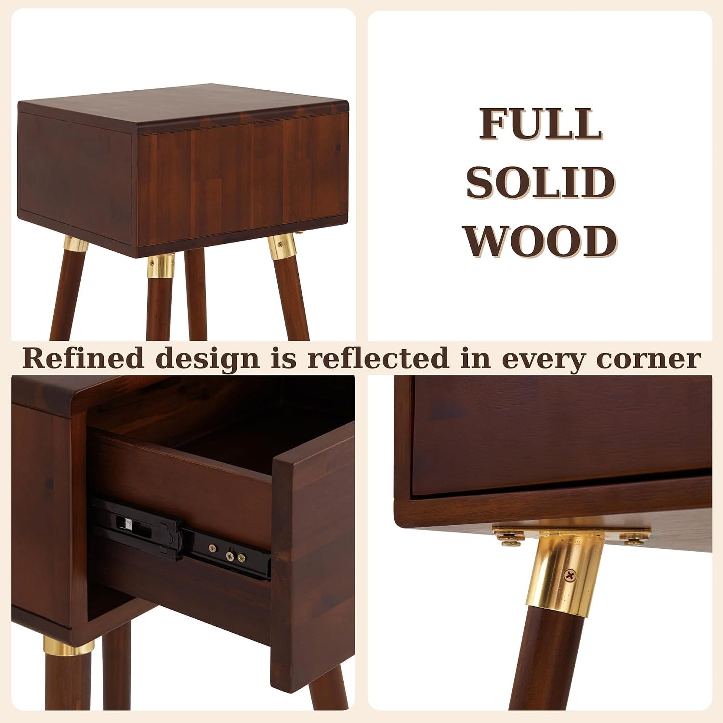 Solid Acacia Wood Nightstand with Drawer – Caramel Mid-Century Side Table