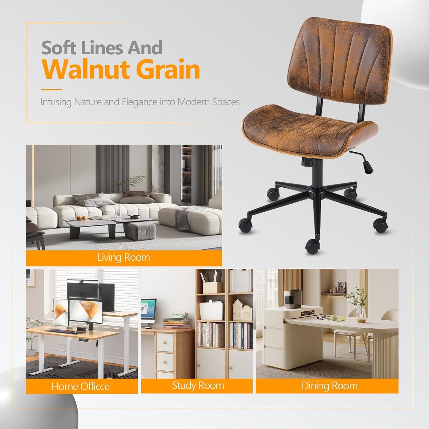 Walnut Office Chair Black PU Leather Adjustable Swivel Rolling Desk Chair