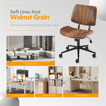 Walnut Office Chair Black PU Leather Adjustable Swivel Rolling Desk Chair