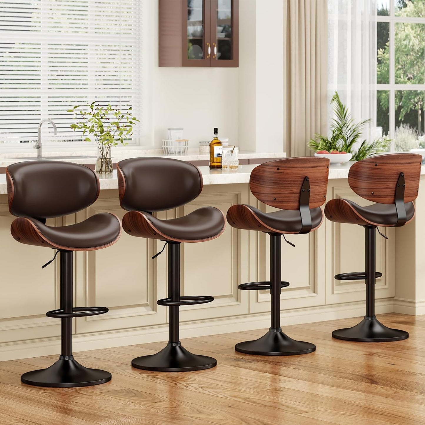 Adjustable Swivel Bar Stool Black PU Leather Walnut Bentwood Counter Chair