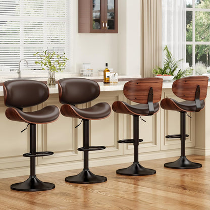 Adjustable Swivel Bar Stool Black PU Leather Walnut Bentwood Counter Chair