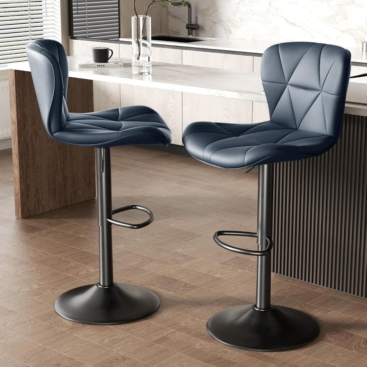 Black Swivel Bar Stools Set of 2 Adjustable Faux Leather Kitchen Chairs