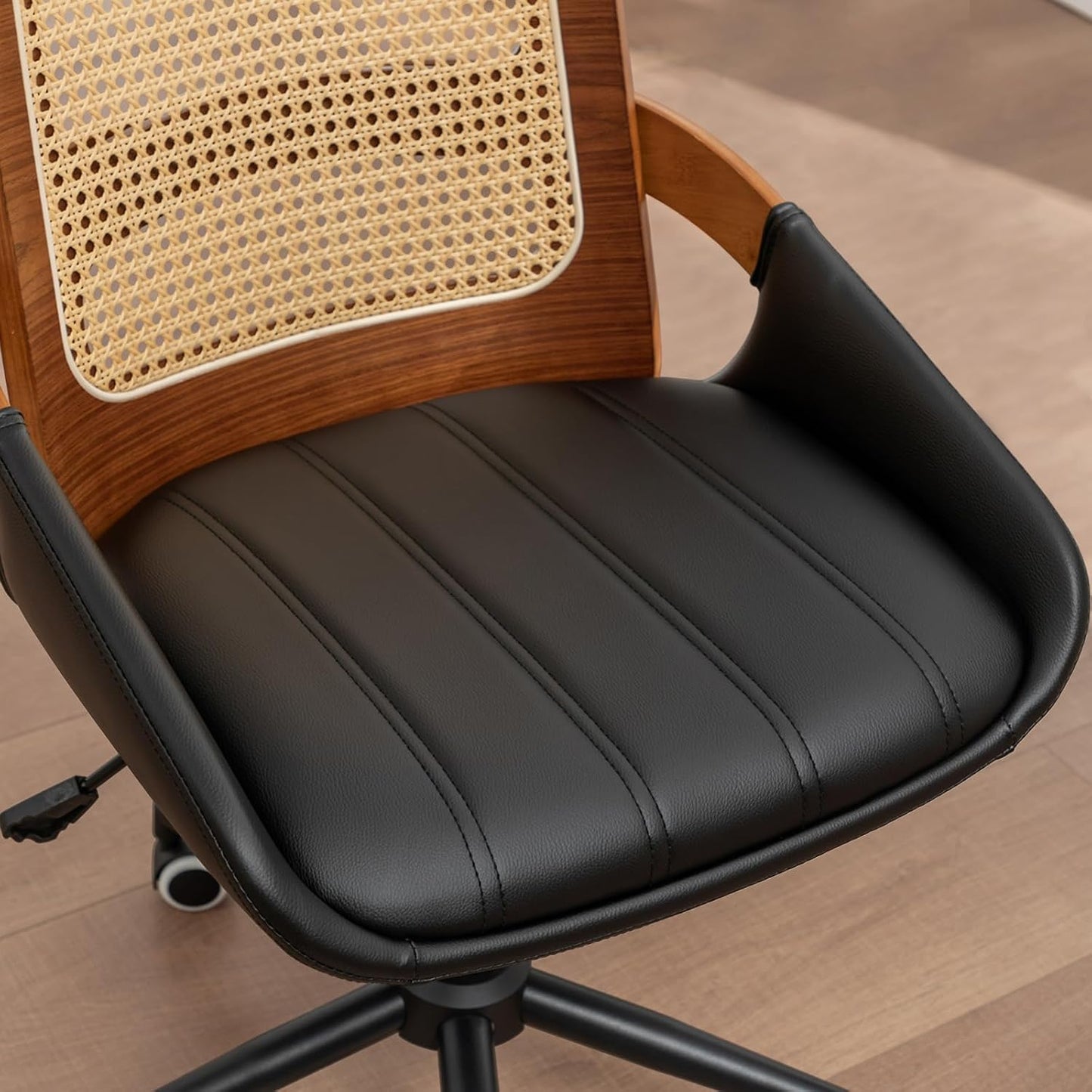 Walnut Rattan Office Chair Green Faux Leather Swivel Rolling Desk Chair