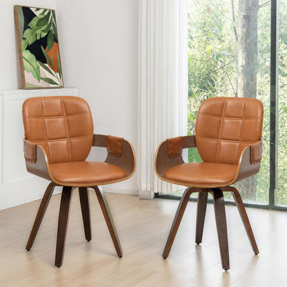 Walnut Brown Swivel Dining Chair with Arms Faux Leather Mid Century Chair